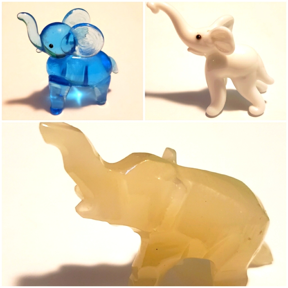 Lot Of 3 MINIATURE ELEPHANTS - 1 To 1.5" Each - White Jade, Blown Glass & Porcel